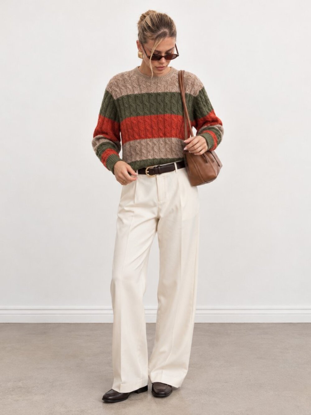 Dustin Spanish Lambswool Striped Cable-Knit Crewneck Fall Retro Preppy S/M